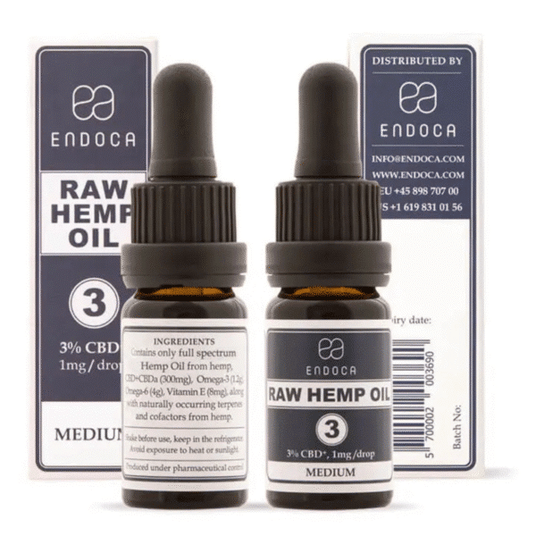 Deux petits flacons d'Endoca Huile de CBD 3% avec compte-gouttes sont présentés devant leurs boîtes d'emballage.