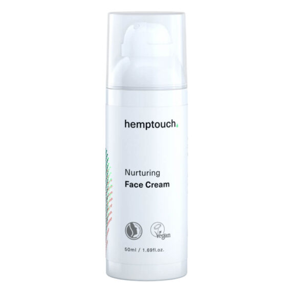 Flacon blanc de Hemptouch Crème de visage nourrissante avec CBD, affichant les logos vegan et cruelty-free, 50 ml.