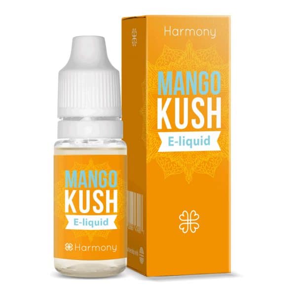 une bouteille de mangue kush e - liquide à côté d'une boîte.