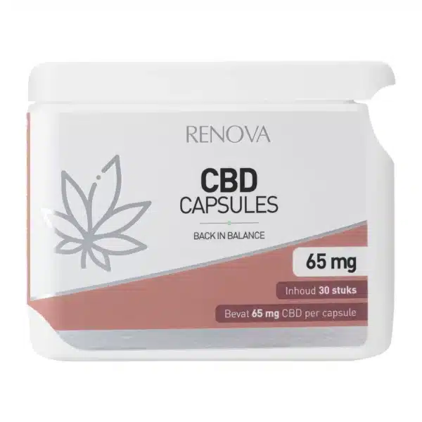 Contenant blanc étiqueté « Capsules CBD Renova, 2,5 % (10 mg) », avec un motif de feuille sur le devant. Contient 30 capsules.