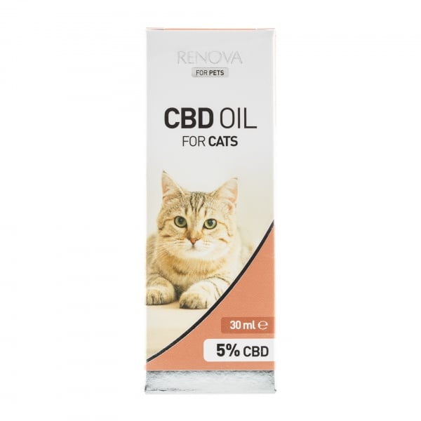 une boîte d'huile de cbd pour chats sur fond blanc.