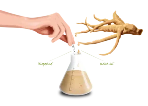 Une main actionne un interrupteur sur un flacon blanc, distribuant un liquide jaunâtre, avec un squelette à proximité. À l'honneur : Vitakruid – Ashwagandha KSM-66® et Bioperine® (60 capsules véganes) – 1 unité.