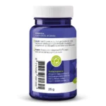 Une bouteille en plastique bleue avec un bouchon vert et blanc, étiquetée « Vitakruid – Ashwagandha KSM-66® & Bioperine® (60 capsules végétaliennes) - 1 pièce » en néerlandais, comprend des instructions d'utilisation et un code-barres.