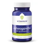 Un flacon bleu étiqueté « Vitakruid – Ashwagandha KSM-66® & Bioperine® » contient 60 capsules végétaliennes, standardisées à 5 % de withanolides.