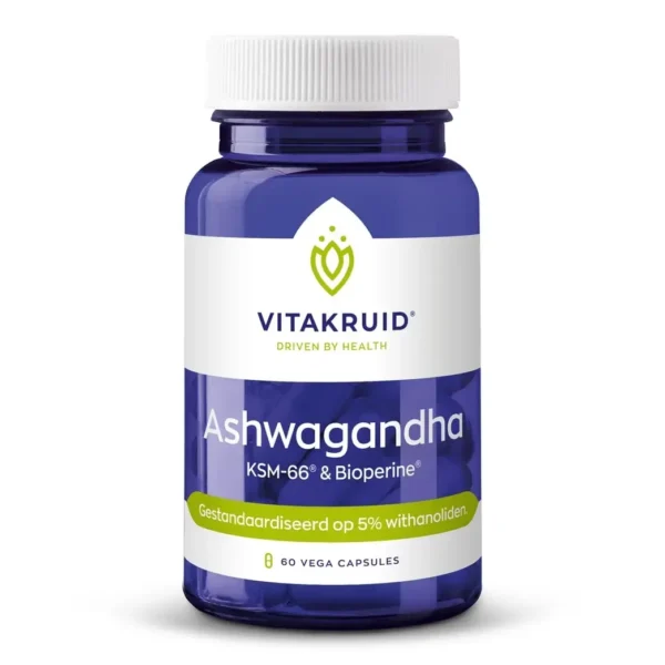 Un flacon bleu étiqueté « Vitakruid – Ashwagandha KSM-66® & Bioperine® » contient 60 capsules végétaliennes, standardisées à 5 % de withanolides.