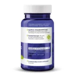 Une bouteille bleue de Vitakruid – Ashwagandha KSM-66® & Bioperine® (60 capsules végétaliennes) avec une étiquette répertoriant les ingrédients, les détails de dosage et des icônes indiquant qu’elle est exempte d’additifs artificiels.