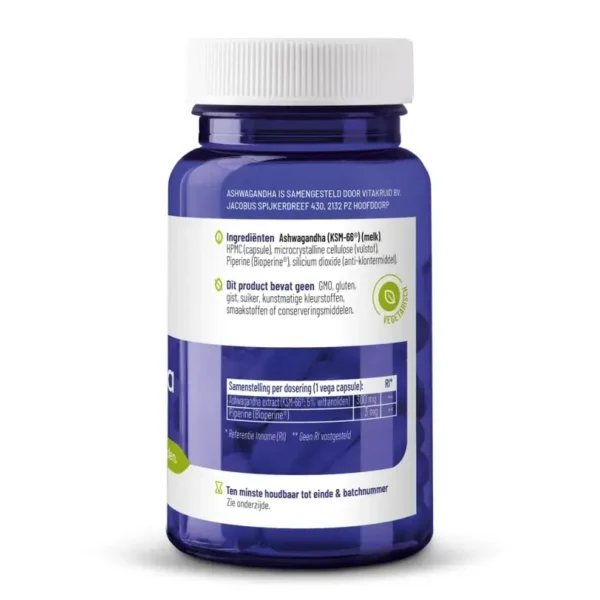 Une bouteille bleue de Vitakruid – Ashwagandha KSM-66® & Bioperine® (60 capsules végétaliennes) avec une étiquette répertoriant les ingrédients, les détails de dosage et des icônes indiquant qu’elle est exempte d’additifs artificiels.
