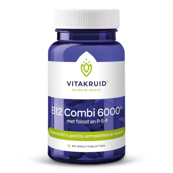 Une bouteille bleue et blanche de Vitakruid - B12 Combi 6000® avec Folate et P-5-P contient 60 pastilles (comprimés à sucer) avec des accents jaunes sur l'étiquette.