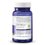 Une bouteille bleue de Vitakruid - B12 Combi 6000® avec Folate et P-5-P (60 comprimés à sucer) avec un bouchon blanc affiche les informations sur les suppléments, les ingrédients, le tableau nutritionnel et la certification végétalienne néerlandaise sur l'étiquette arrière.