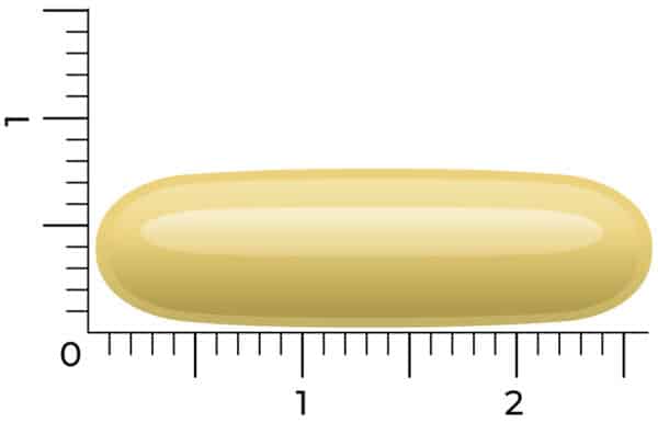 Une capsule oblongue jaune de Vitakruid – Huile de Poisson Forte (1000 mg d’huile de poisson par gélule) est placée à côté d’une règle, indiquant qu’elle mesure environ 2 centimètres de longueur.