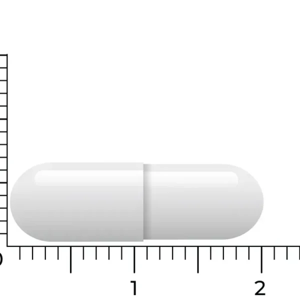 Une seule capsule blanche de Vitakruid – Zinc Méthionine & Cuivre (90 capsules végétales) est présentée à côté d’une règle, mesurant environ 2 centimètres de long.