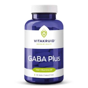 Flacon bleu étiqueté « Vitakruid – GABA Plus (90 comprimés sublinguaux) » contenant de la vitamine B1, présenté sur un fond blanc.