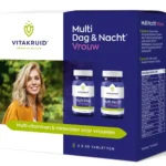 Vitakruid – Multi Jour & Nuit® Femme (2 x 30 comprimés) boîte de compléments avec comprimés, détails du produit et une femme souriante représentée sur l'emballage.