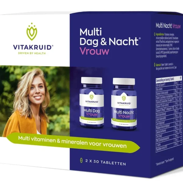 Vitakruid – Multi Jour & Nuit® Femme (2 x 30 comprimés) boîte de compléments avec comprimés, détails du produit et une femme souriante représentée sur l'emballage.