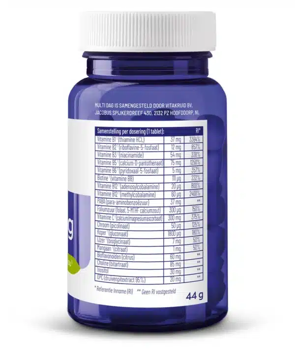 Vitakruid – Multi Jour (30 comprimés) est un flacon bleu de compléments alimentaires avec une étiquette blanche affichant les informations nutritionnelles en néerlandais, répertoriant les vitamines B1, B2, B3, B5, B6, B8, B11 et B12. Poids net : 44 g.