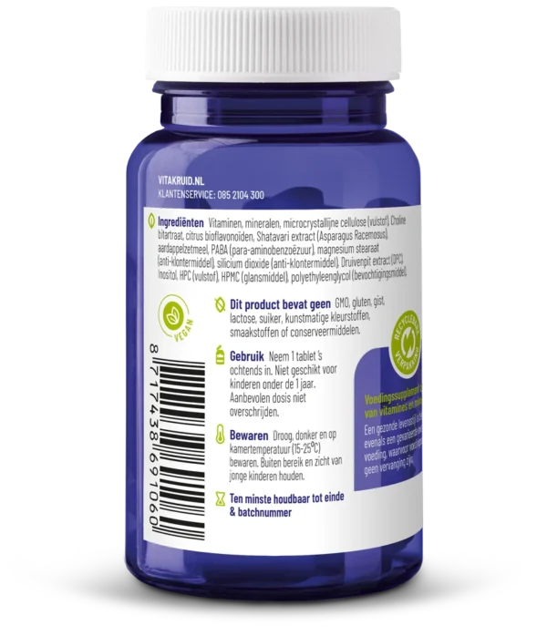 Flacon en plastique bleu étiqueté en néerlandais, affichant les ingrédients, les instructions d'utilisation et les symboles nutritionnels du complément alimentaire Vitakruid – Multi Jour & Nuit® Femme (2 x 30 comprimés).