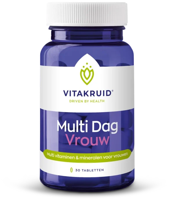 Un flacon bleu de Vitakruid – Multi Jour & Nuit® Femme, un supplément multivitaminé et minéral pour femmes, contenant 2 x 30 comprimés.