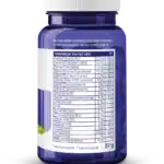 Une bouteille en plastique bleue avec un bouchon blanc, comportant une étiquette détaillée des ingrédients néerlandais et une étiquette nutritionnelle pour le supplément multivitaminé Vitakruid – Multi Jour & Nuit® Femme (2 x 30 comprimés).