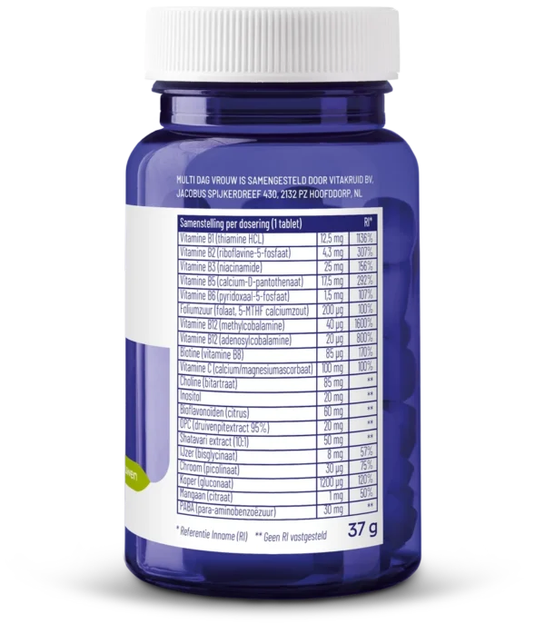 Une bouteille en plastique bleue avec un bouchon blanc, comportant une étiquette détaillée des ingrédients néerlandais et une étiquette nutritionnelle pour le supplément multivitaminé Vitakruid – Multi Jour & Nuit® Femme (2 x 30 comprimés).