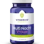 Un flacon bleu étiqueté « Vitakruid – Multi Jour & Nuit® Femme » contenant 2 x 30 comprimés de multivitamines et minéraux pour femmes.
