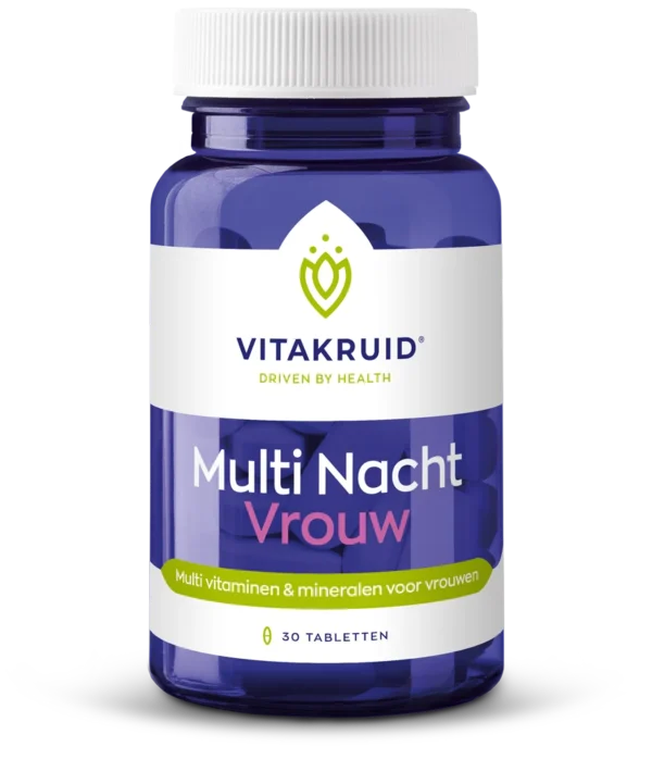 Un flacon bleu étiqueté « Vitakruid – Multi Jour & Nuit® Femme » contenant 2 x 30 comprimés de multivitamines et minéraux pour femmes.