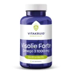 Une bouteille bleue et blanche de Vitakruid – Huile de Poisson Forte avec 90 gélules molles, chacune contenant 1000 mg d’huile de poisson (EPA 35 %, DHA 25 %).