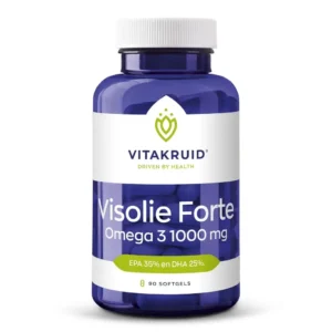 Une bouteille bleue et blanche de Vitakruid – Huile de Poisson Forte avec 90 gélules molles, chacune contenant 1000 mg d’huile de poisson (EPA 35 %, DHA 25 %).