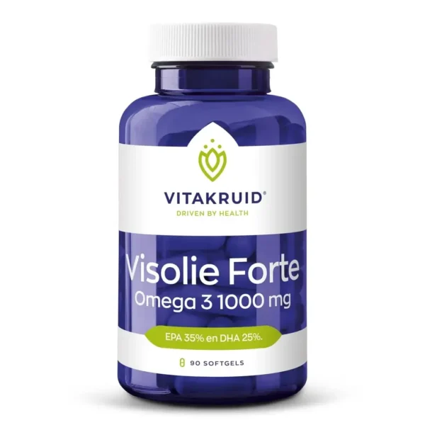 Une bouteille bleue et blanche de Vitakruid – Huile de Poisson Forte avec 90 gélules molles, chacune contenant 1000 mg d’huile de poisson (EPA 35 %, DHA 25 %).