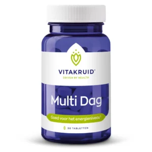Un flacon bleu de comprimés Vitakruid - Multi Jour (30 comprimés) avec un bouchon blanc et un texte en néerlandais sur l'étiquette, contenant 30 comprimés.