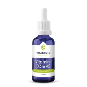 Un flacon compte-gouttes bleu de 30 ml étiqueté « Vitakruid - Vitamine D3 & K2 (30 ml) ».