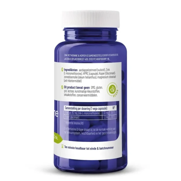 Une bouteille bleue de Vitakruid – Zinc Méthionine & Cuivre (90 capsules végétaliennes) avec une étiquette blanche en néerlandais listant les ingrédients et les valeurs nutritionnelles, ainsi qu'un symbole végétalien vert.