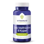 Une bouteille bleue de Vitakruid – Zinc Méthionine & Cuivre, contenant 90 capsules végétaliennes, présente un bouchon blanc et un accent vert sur l'étiquette.