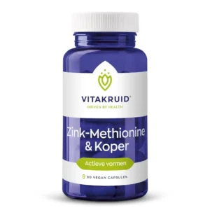 Une bouteille bleue de Vitakruid – Zinc Méthionine & Cuivre, contenant 90 capsules végétaliennes, présente un bouchon blanc et un accent vert sur l'étiquette.
