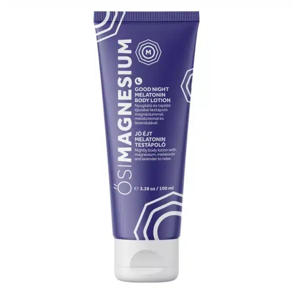 Tube violet de lotion corporelle à la mélatonine OSIMAGNESIUM, 100 ml, avec texte blanc et éléments de design géométrique.