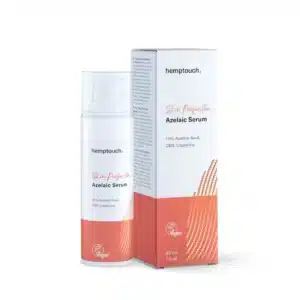 Un flacon et une boîte de Hemptouch - Skin Perfection - Azelaic Serum pour le visage (30ml), une formule végétalienne à base d'acide azélaïque, de CBD et de réglisse.